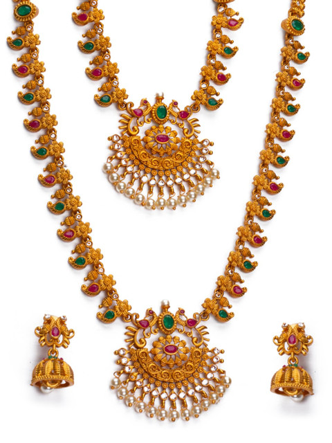 

Alankruthi Gold-Plated Pink & Green Stone-Studded Textured Temple Jewellery Set