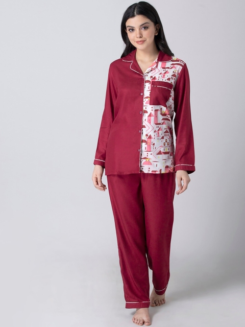 

ADORENITE Women Maroon & White Printed Night Suit
