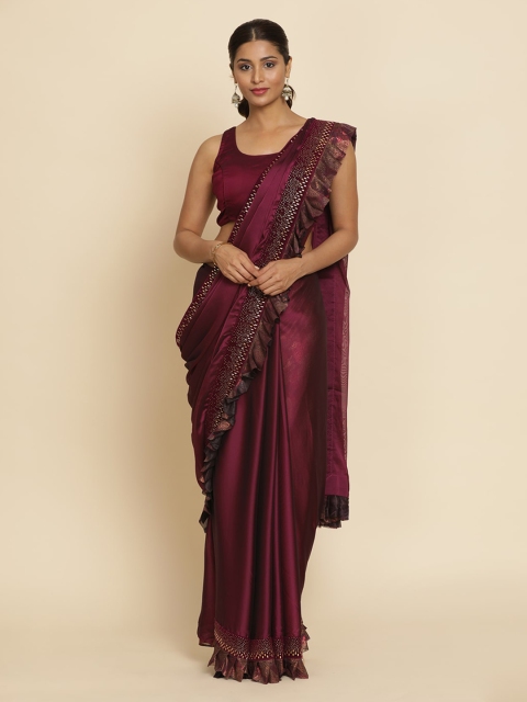 

Koskii Purple Solid Poly Crepe Ruffle Saree