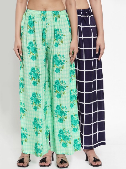 

NEUDIS Women Navy Blue & Green Pack of 2 Checked Wide Leg Palazzos