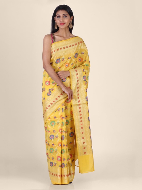 

Shruti and Mangaaysh Yellow & Green Silk Blend Woven Design Banarasi Saree