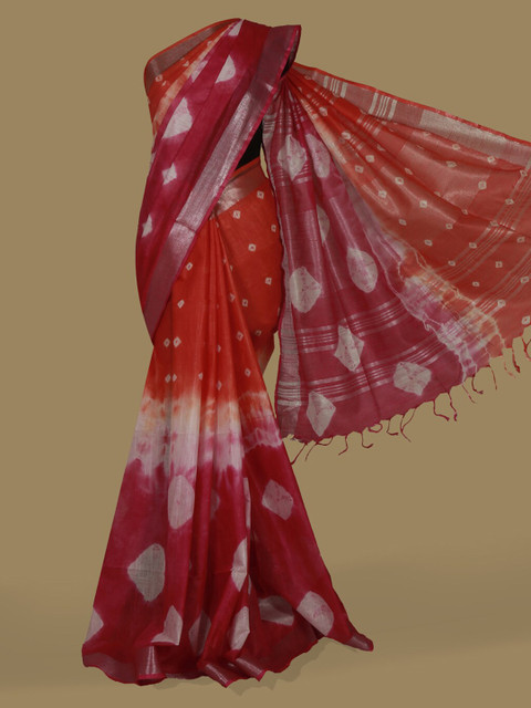 

Pothys Orange & Pink Linen Blend Dyed Saree