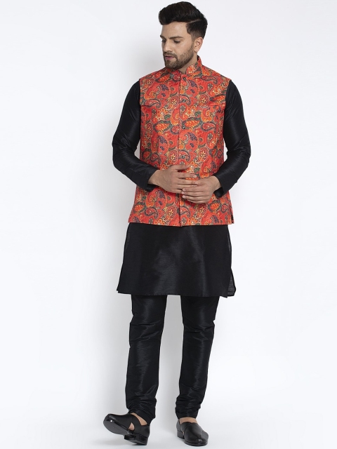 

Benstoke Men Black Solid Kurta Set with Nehru Jacket