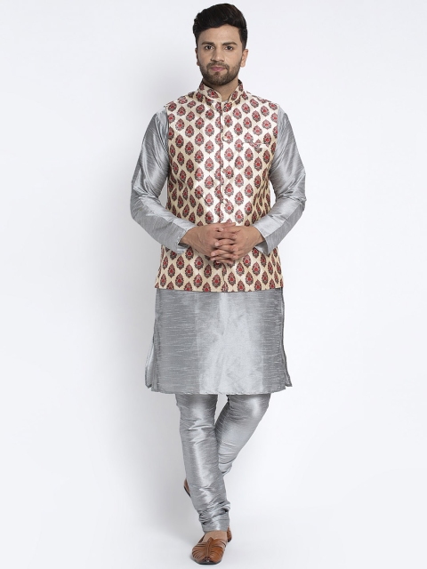 

Benstoke Men Grey & Cream-Coloured Solid Kurta with Churidar & Nehru Jacket