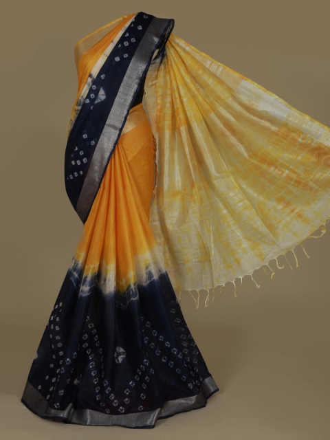 

Pothys Yellow & Navy Blue Linen Blend Printed Saree