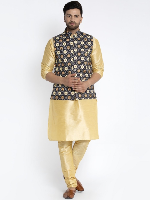 

Benstoke Men Gold-Toned & Black Solid Kurta with Churidar & Nehru Jacket