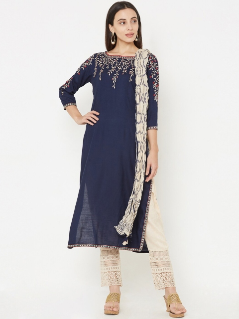 

FASHOR Women Navy Blue & Cream-Coloured Embroidered Kurta with Churidar & Dupatta
