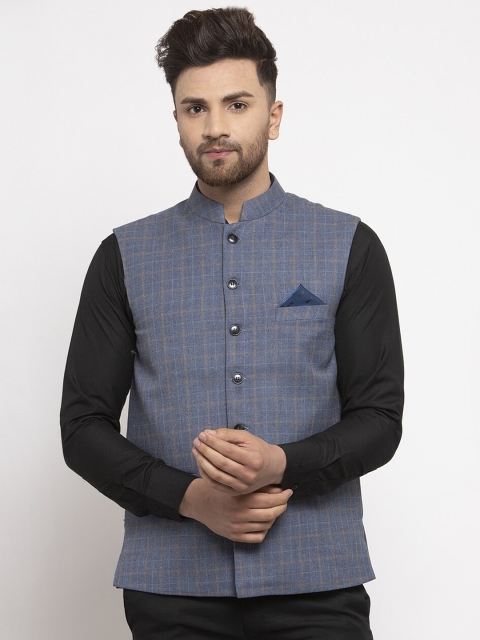 

NEUDIS Men Blue Checked Nehru Jacket