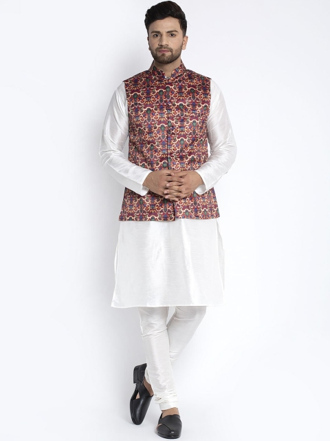 

Benstoke Men White & Pink Solid Kurta with Churidar & Nehru Jacket