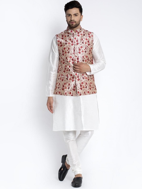

Benstoke Men White & Cream-Coloured Solid Kurta with Churidar & Nehru Jacket