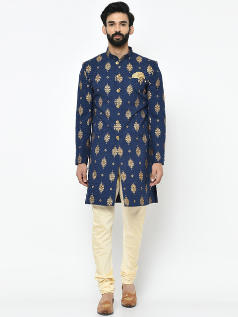 

Vartah Men Navy Blue & Beige Printed Sherwani Set