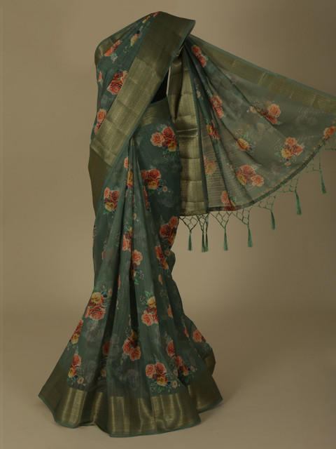 

Pothys Green & Orange Linen Blend Printed Saree