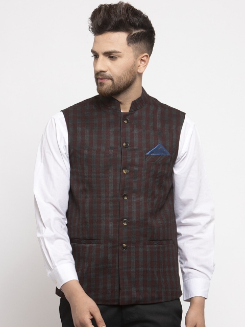

NEUDIS Men Maroon Checked Nehru Jacket