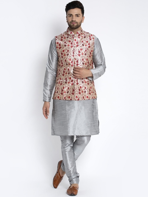 

Benstoke Men Grey & Cream-Coloured Solid Kurta with Churidar & Nehru Jacket