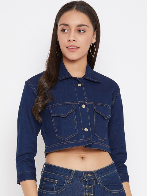 

Rider Republic Women Blue Solid Crop Denim Jacket