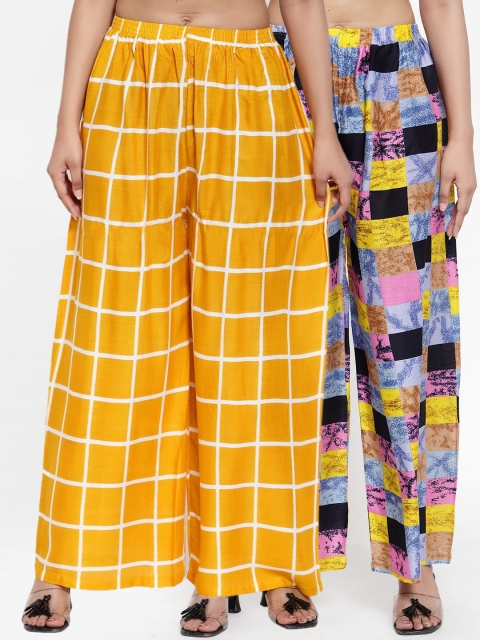 

NEUDIS Women Pack of 2 Yellow & Multicoloured Printed Wide Leg Palazzos