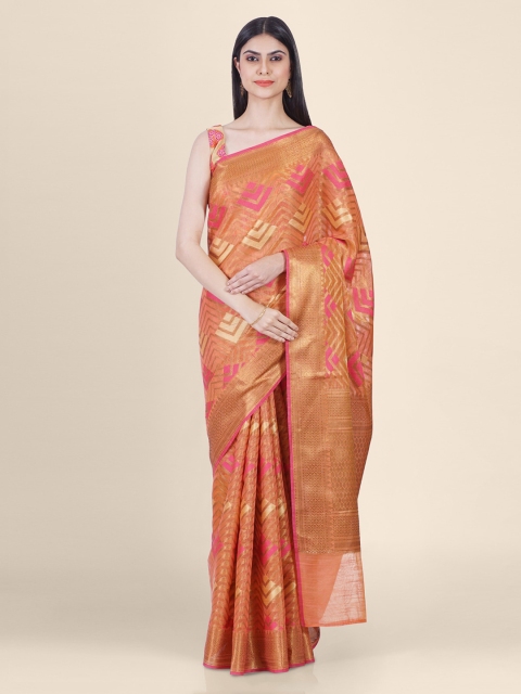 

Shruti and Mangaaysh Orange & Gold-Toned Silk Blend Woven Design Banarasi Saree