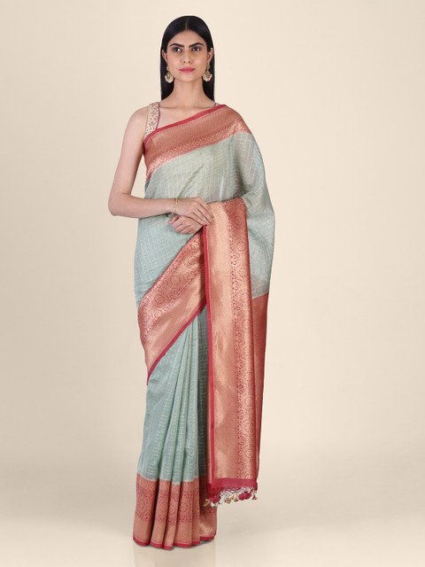 

Shruti and Mangaaysh Sea Green & Pink Silk Blend Woven Design Banarasi Saree