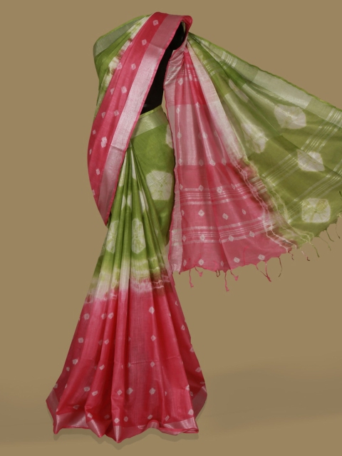 

Pothys Green & Pink Linen Blend Dyed Saree