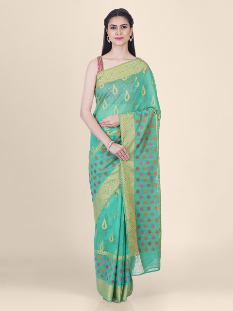 

Shruti and Mangaaysh Green Silk Blend Handloom Woven Design Banarasi Saree