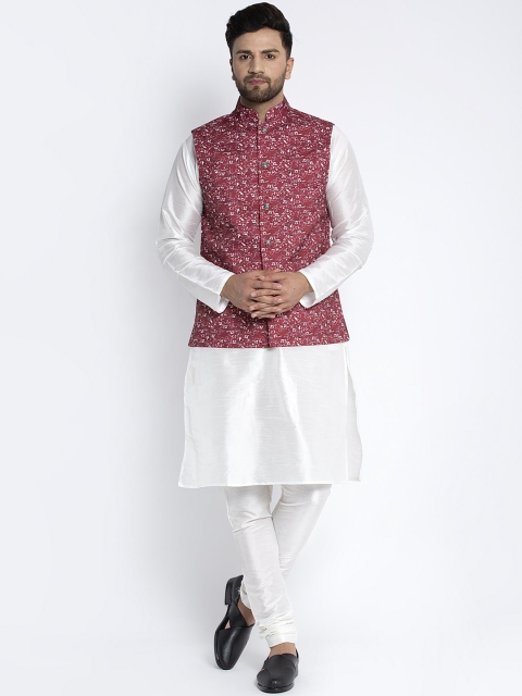 

Benstoke Men White & Maroon Solid Kurta with Churidar & Nehru Jacket