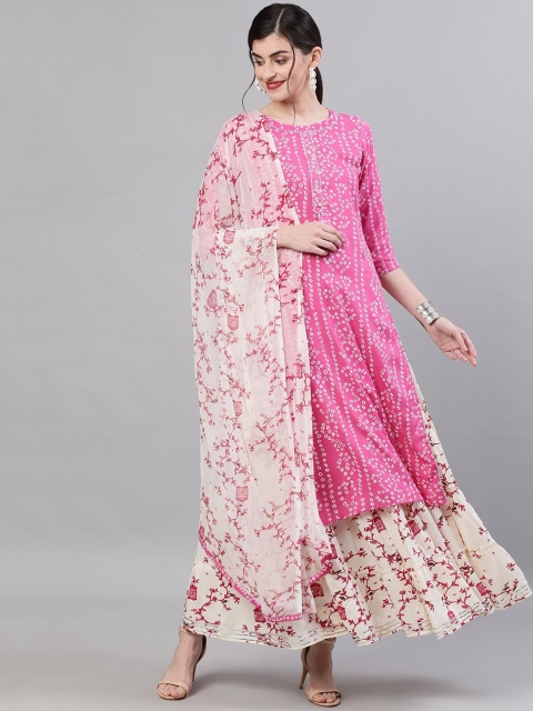 

Ishin DESIGNER STUDIO Women Pink & Off-White Printed Kurta with Skirt & Dupatta