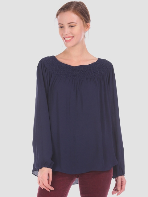 GAP Women Navy Smock Neck Long Sleeve Blouse, Navy blue