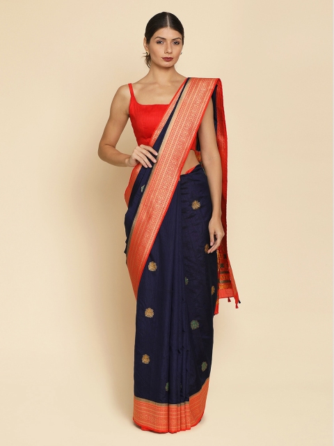 

Koskii Navy Blue & Orange Art Silk Colourblocked Saree