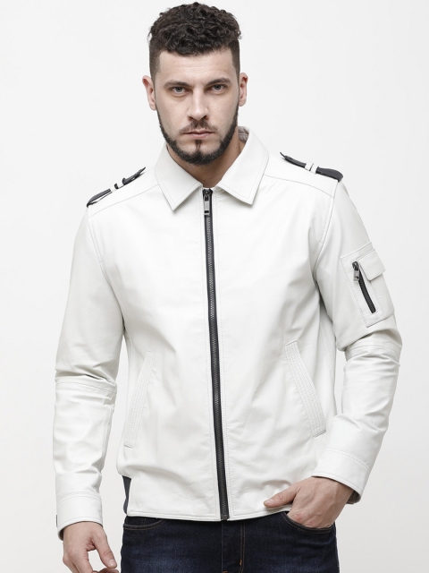 

MONOCHROME Men White Solid Insulator Leather Jacket