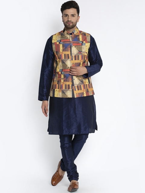 

Benstoke Men Blue & Yellow Solid Kurta with Pyjamas & Nehru Jacket