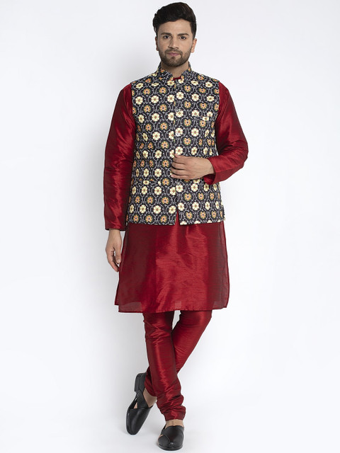

Benstoke Men Maroon & Black Solid Kurta with Churidar & Nehru Jacket