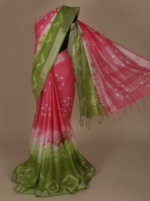 

Pothys Pink & Green Linen Blend Dyed Saree