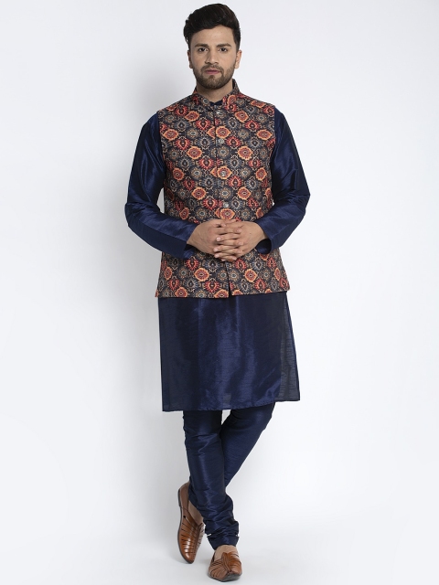 

Benstoke Men Navy Blue & Brown Solid Kurta with Churidar & Nehru Jacket