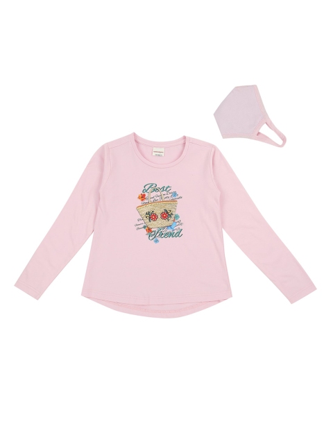 

RAINE AND JAINE Girls Pink Printed Round Neck T-shirt with 2-Ply Mask