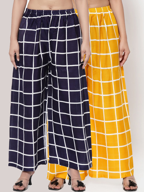 

NEUDIS Women Pack of 2 Yellow & Navy Blue Printed Wide Leg Palazzos