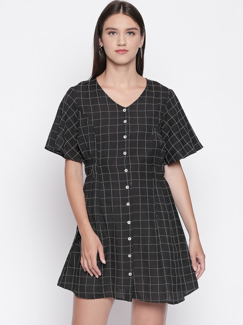 Mesmerize Women Black Cotton Checked Fit and Flare Dress