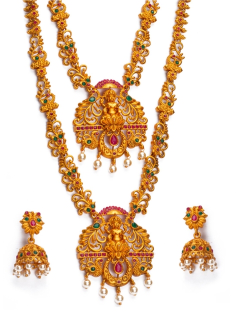 

Alankruthi Gold-Plated Pink & Green Stone-Studded Textured Goddess Laxmi Temple Jewellery Set