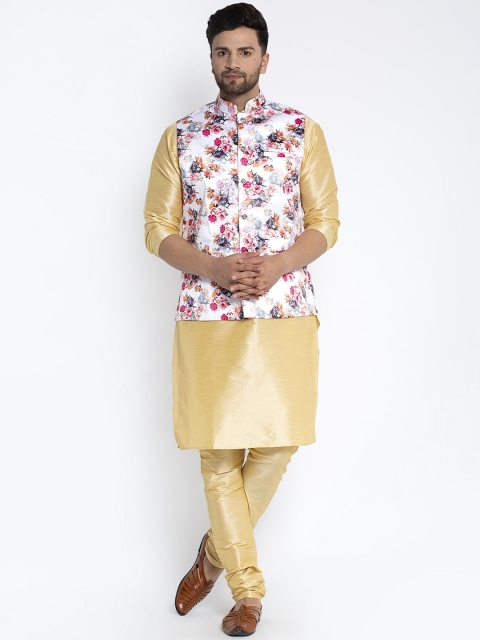 

Benstoke Men Gold-Toned & White Solid Kurta with Churidar & Nehru Jacket