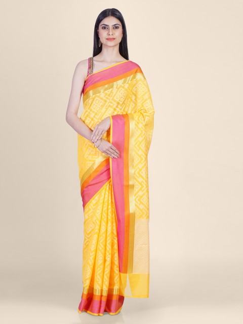 

Shruti and Mangaaysh Yellow Silk Blend Handloom Printed Banarasi Saree
