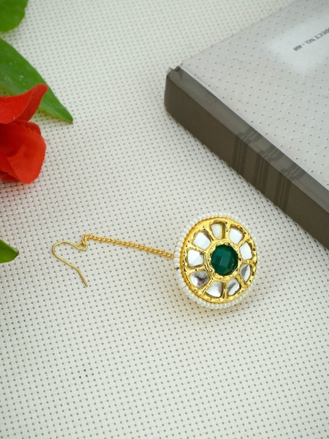 

Imittire Gold-Plated Green & White Kundan Studded Polki Rajputi Borla Maang Tikka