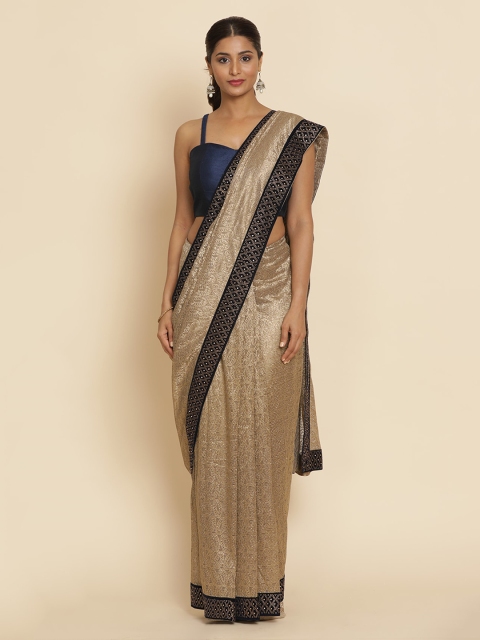 Koskii Gold-Toned & Navy Blue Net Printed Saree