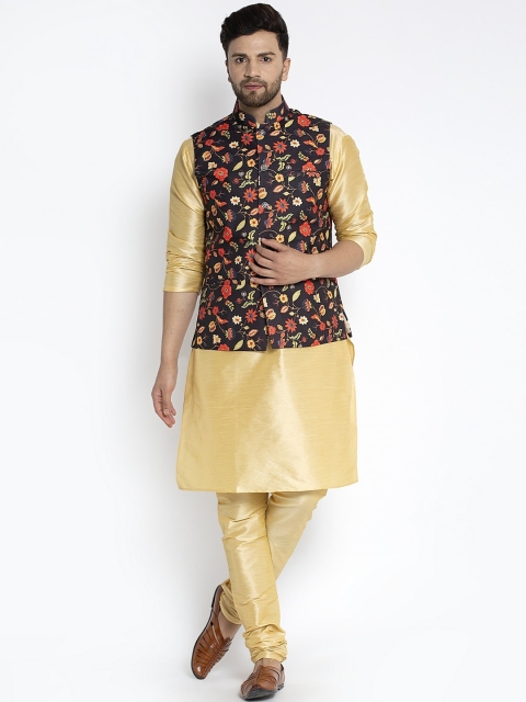 

Benstoke Men Gold-Toned & Black Solid Kurta with Churidar & Nehru Jacket