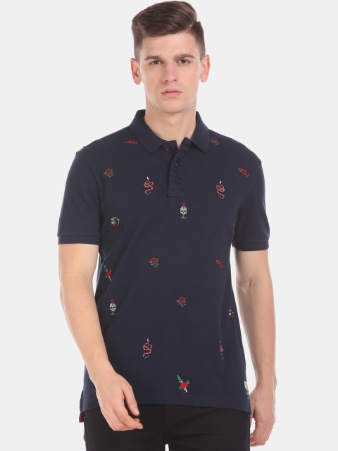 

Ed Hardy Men Navy Blue Printed Polo Collar Pure Cotton T-shirt