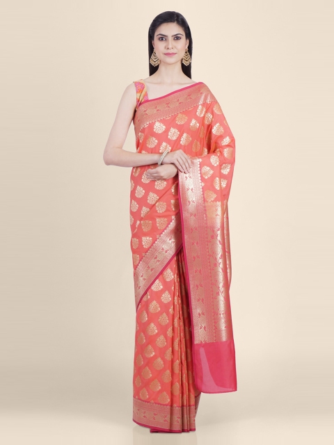 

Shruti and Mangaaysh Peach-Coloured Silk Blend Handloom Printed Banarasi Saree