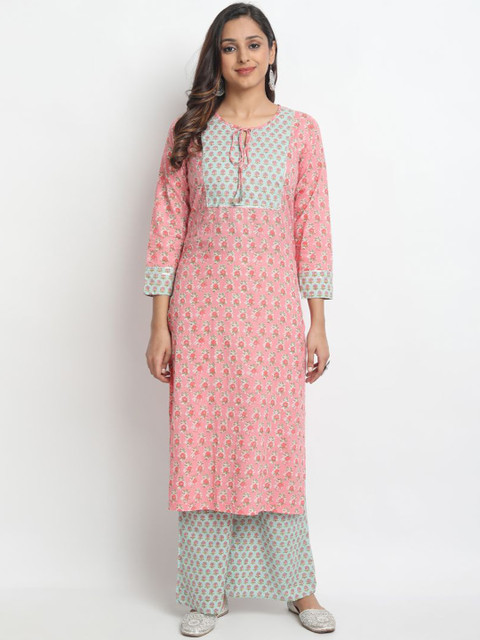 

Molcha Women Pink Embroidered Kurti with Skirt
