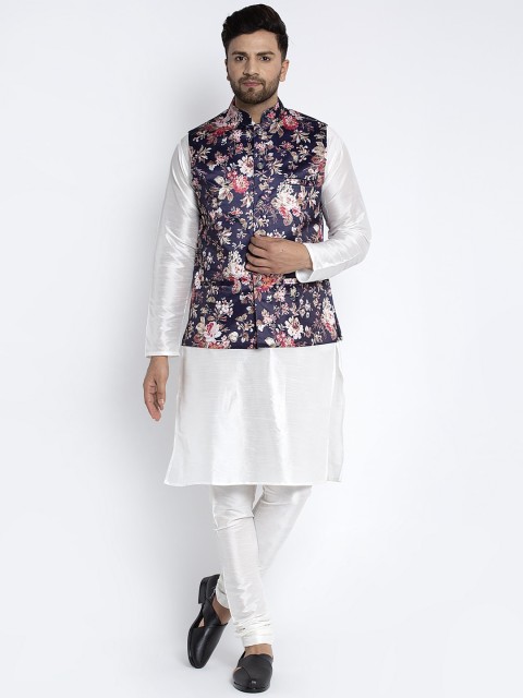 

Benstoke Men White & Black Printed Kurta with Churidar & Nehru Jacket