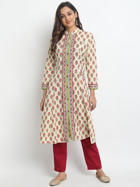 

Molcha Women Maroon & Cream-Coloured Printed Kurti with Trousers