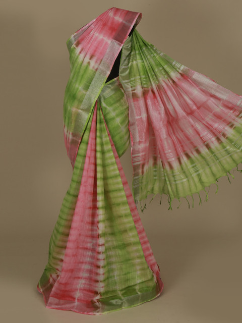 

Pothys Green & Pink Linen Blend Printed Saree