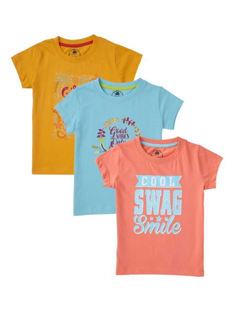 

Cub McPaws Girls Pack of 3 Multicoloured Printed Round Neck T-shirts, Coral