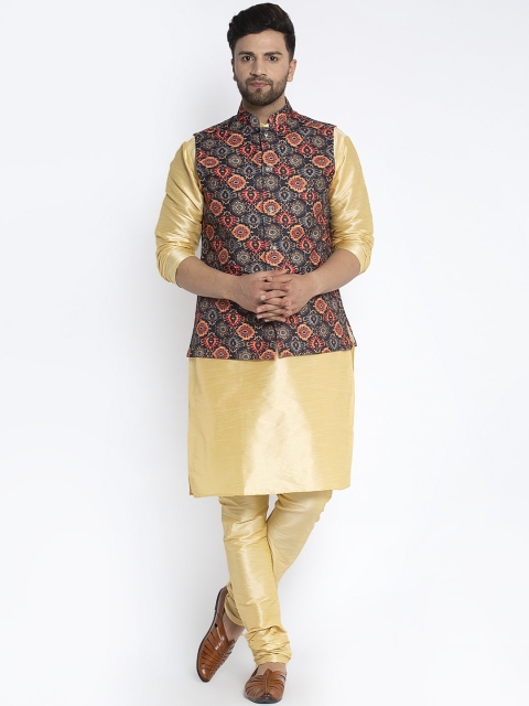 

Benstoke Men Gold-Toned & Black Self Design Kurta with Churidar & Nehru Jacket